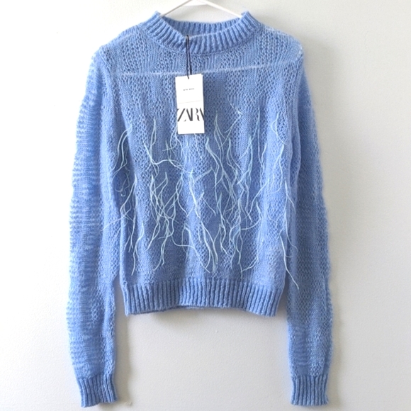 Zara Sweaters - New Zara Blue Feather Sweater Mohair Wool Size Medium NWT